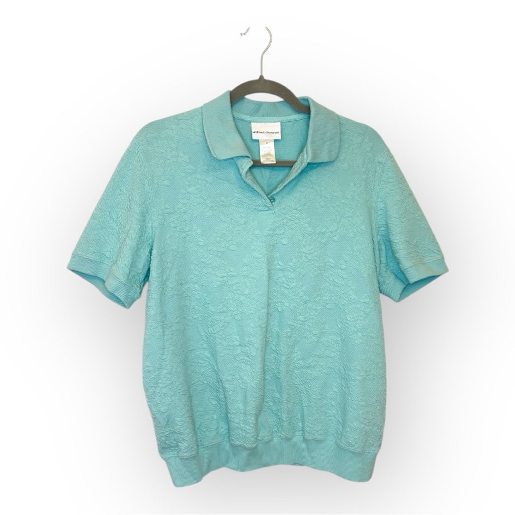 Vintage Alfred Dunner Aqua Blue Textured Knit Polo Top 90s Preppy Resort Medium
